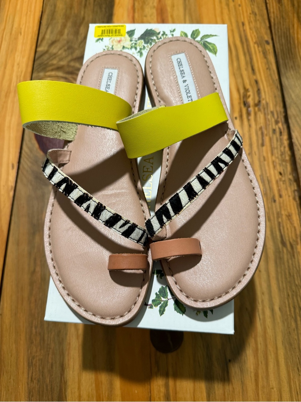 Chelsea & Violet Tan and Yellow Toe-Ring Sandals with Zebra Accent